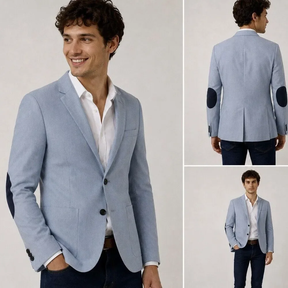 H&M 34R Light Blue Cotton Blazer Sport Coat Elbow Patches Slim Fit Jacket